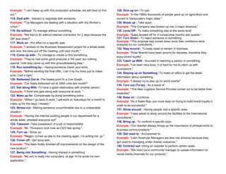 Example: "I can’t keep up with this production schedule; we will have to hire
out."
115. Deal with - Interact or negotiate with someone.
Example: "Top Managers are dealing with a situation with the Worker’s
Union."
116. Do without -To manage without something.
Example: "We had to do without internet connection for 2 days because the
ISP was down!"
117. Work on - Put effort on a specific task.
Example: "I worked on the Business Assessment project for a whole week,
and now, the boss put off the meeting until next month."
118. Come up with - To manage to create or find something.
Example: "They've had some good products in the past, but nothing
special. Until they came up with this groundbreaking idea.”
119. Run something by – Having someone check your work.
Example: "Before sending the final offer, I ran it by my boss just to make
sure I had it right."
120. Bottomed Out at -The lowest point In a Line Graph.
Example: "Car Sales bottomed out at 3000 units last month!"
121. Get along With -To have a good relationship with another person.
Example: “I think she gets along with everyone at work. “
122. Make up for -Compensate by doing something extra.
Example: “When I go back to work, I will work on Saturdays for a month to
make up for the days I missed.”
123. Stress out - Making someone uncomfortable due to a undesirable
situation.
Example: “Having the Internal auditing people in our department for a
whole week, stressed everyone out!”
124. Takeover -Take possession of a job or responsibility.
Example: "Mr. Thompson took over as CEO last spring."
125. Turn up - Show up.
Example: "Megan, turned up late to the meeting again. I’m writing her up."
126. Finish off - Get done with.
Example: "The team finally finished off improvements on the design of the
new product."
127. Being into Something - Having interest in something
Example: "My son is really into computers, at age 10 he wrote his own
application."
128. Give up on - To quit.
Example: "in the 1980s thousands of people gave up on agriculture and
moved to Venezuela’s major cities."
129. Break up - Take apart.
Example: “The Company was broken up into 2 major divisions.”
130. Level Off - To make something stay at the same level
Example: "Sales leveled off for 3 consecutive months last quarter."
131. Turn Down - To reject someone or something.
Example: “The proposal was turned down once their conditions were
analyzed by our consultants.”
132. Stay around - To keep close or remain in business.
Example: "Polar Brands have been around for decades, therefore they
enjoy brand loyalty"
133. Catch up With - Succeed in reaching a person or something.
Example: "I’ve been very busy. It is hard for me to catch up with
coursework."
134. Staying up on Something -To make an effort to get the latest
information about something.
Example: "I always try to stay up on world events"
135. Turn out (To be) - As a result of.
Example: “The New Logistics Service Provider turned out to be better than
expected."
136. Keep on – Continue.
Example: "As a Sales Rep, you must keep on trying to build brand loyalty in
order to be successful."
137. Show around - Having people visit a specific area.
Example: "I was asked to show around the facilities to the International
consultants."
138. Bring up - To confront a specific topic.
Example: “Our teacher always brings up the importance of phrasal verbs to
business communications."
139. Get used to - Accustomed to.
Example: "Latin American Managers are less risk adverse because they
got used to managing under chaotic scenarios."
140. Contract out -Hiring an outsider to perform certain tasks.
Example: "We hired out a community manager to update information on
social media channels for our products.”
 