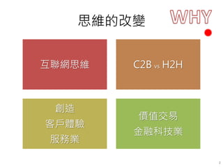 思維的改變
互聯網思維 C2B vs H2H
創造
客戶體驗
服務業
價值交易
金融科技業
2
 