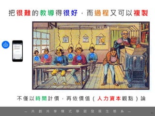 45
— 共 創 共 享 模 式 學 習 發 展 生 態 系 —
把很難的教導得很好，而過程又可以複製
不 僅 以 時 間 計 價 ， 再 依 價 值 （ 人 力 資 本 觀 點 ） 論
 