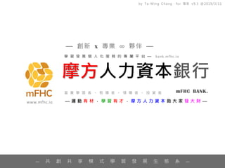 — 共 創 共 享 模 式 學 習 發 展 生 態 系 —
by Ta-Ming Chang，for 專家 v9.3 @2019/3/11
摩方人力資本銀行
www.mfhc.io
當 責 學 習 者 。 教 導 者 。 領 導 者 。 投 資 者 mFHC BANK.
學 習 發 展 個 人 化 服 務 的 專 屬 平 台 — bank.mfhc.io
— 運 動 有 材 ， 學 習 有 才 ， 摩 方 人 力 資 本 助 大 家 發 大 財 —
— 創新 x 專業 ∞ 夥伴 —
 