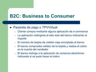 B2C: Business to Consumer<br />Pasarela de pago o TPVVirtual<br />Cliente compra mediante alguna aplicación de e-commerce<...
