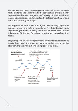 24
The journey starts with reviewing comments and reviews on social
media platforms and asking friends. The search phase provides the first
impression on hospitals, surgeons, staff, quality of service and other
issues.Firstimpressionsaredominantanditisofparamountimportance
that a hospital has good image.
Make appointment is the next step. Again, this is an early stage of the
customer journey and making the customer feel delighted is of crucial
importance, yet; there are many complaints on social media on the
tediousness of this stage. Patients are sensitive and worry about their
health.
Thejourneygoeson.Reviewingcommentsontheinternetandscanning
tweets show clearly that there are many issues that need immediate
attention. The next figure shows examples of complaints.
 