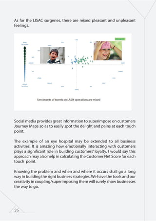 26
As for the LISAC surgeries, there are mixed pleasant and unpleasant
feelings.
Social media provides great information to superimpose on customers
Journey Maps so as to easily spot the delight and pains at each touch
point.
The example of an eye hospital may be extended to all business
activities. It is amazing how emotionally interacting with customers
plays a significant role in building customers’ loyalty. I would say this
approach may also help in calculating the Customer Net Score for each
touch point.
Knowing the problem and when and where it occurs shall go a long
way in building the right business strategies.We have the tools and our
creativity in coupling/superimposing them will surely show businesses
the way to go.
 