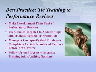 Best Practice: Tie Training to
Performance Reviews
• Make Development Plans Part of
  Performance Reviews
• Use Courses Targeted to Address Gaps
  and/or Skills Needed for Promotion
• Managers Can Specify that Employees
  Complete a Certain Number of Courses
  Before Next Review
• Follow Up on Progress – Integrate
  Training into Coaching Sessions
 