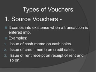 Types of Vouchers 
1. Source Vouchers - 
 It comes into existence when a transaction is 
entered into. 
 Examples: 
1. Issue of cash memo on cash sales. 
2. Issue of credit memo on credit sales. 
3. Issue of rent receipt on receipt of rent and 
so on. 
 
