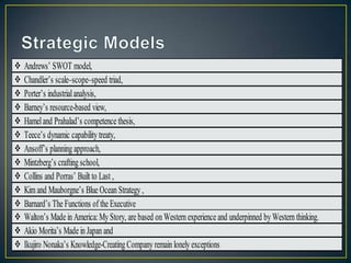 v Andrews’ SWOT model,
v Chandler’s scale–scope–speed triad,
v Porter’s industrialanalysis,
v Barney’s resource-based view,
v Hameland Prahalad’s competence thesis,
v Teece’s dynamic capability treaty,
v Ansoff’s planning approach,
v Mintzberg’s crafting school,
v Collins and Porras’ Built to Last ,
v Kimand Mauborgne’s Blue Ocean Strategy ,
v Barnard’s The Functions of the Executive
v Walton’s Made in America:My Story, are based on Western experience and underpinned by Western thinking.
v Akio Morita’s Made in Japan and
v Ikujiro Nonaka’s Knowledge-Creating Company remain lonely exceptions
 