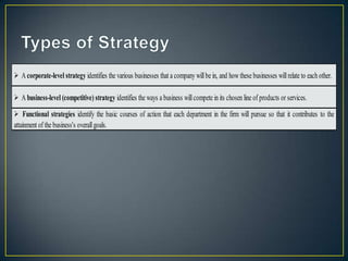  A corporate-level strategy identifies the various businesses that a company willbe in, and how these businesses willrelate to each other.
 A business-level (competitive) strategy identifies the ways a business willcompete in its chosen line of products or services.
 Functional strategies identify the basic courses of action that each department in the firm will pursue so that it contributes to the
attainment of the business's overallgoals.
Organizations depend upon projects that are derived from and aligned with
corporate strategy. Understanding how strategic business objectives are aligned at
the project level is critical for competitive positioning and high-performing
organizations.
 