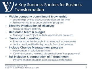 © Project Value Delivery, 2016
w w w . P r o j e c t V a l u e D e l i v e r y . c o m 2
6 Key Success Factors for Business
Transformation
• Visible company commitment & ownership
– Leadership by key executive dedicated full-time
– Full ownership & accountability of program
• Effective Prioritization of initiatives
– Focus to ensure delivery
• Dedicated team & budget
– Manage as a Project, outside operational pressures
• ‘Embedded consulting’
– External expertise brought in as needed, advisory role
– Junior positions filled in by people from the business
• Include Change Management program
– Involvement in solution definition
– Communication, training, dissemination of key personnel
• Full inclusion & cooperation of IT department
– Systems implementation can be quick if strong link
 