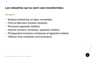 Les industries qui se sont vues transformées

Exemples…

•       Musique (streaming, en ligne, numérisée)
•       Films et télévision (contenu streamé)
•       Personnel (appareils mobiles)
•       Imprimé (contenu numérique, appareils mobiles)
•       Photographie (caméras numériques et appareils mobiles)
•       Télécom (free worldwide communication)




13.   Stratégie et créativité Web JIP © 2012 w.illi.am/ Confidentiel
 