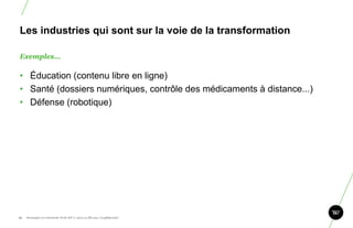 Les industries qui sont sur la voie de la transformation

Exemples…

• Éducation (contenu libre en ligne)
• Santé (dossiers numériques, contrôle des médicaments à distance...)
• Défense (robotique)




14.   Stratégie et créativité Web JIP © 2012 w.illi.am/ Confidentiel
 