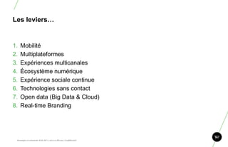 Les leviers…


1.   Mobilité
2.   Multiplateformes
3.   Expériences multicanales
4.   Écosystème numérique
5.   Expérience sociale continue
6.   Technologies sans contact
7.   Open data (Big Data & Cloud)
8.   Real-time Branding




 Stratégie et créativité Web JIP © 2012 w.illi.am/ Confidentiel
 