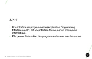 API ?

            • Une interface de programmation (Application Programming
              Interface ou API) est une interface fournie par un programme
              informatique.
            • Elle permet l'interaction des programmes les uns avec les autres.




54.   Stratégie et créativité Web JIP © 2012 w.illi.am/ Confidentiel
 