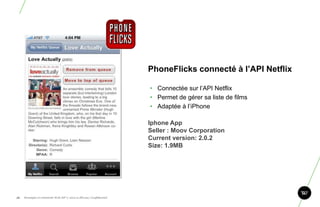 PhoneFlicks connecté à l‘API Netflix

                                                                       • Connectée sur l‟API Netflix
                                                                       • Permet de gérer sa liste de films
                                                                       • Adaptée à l‟iPhone

                                                                       Iphone App
                                                                       Seller : Moov Corporation
                                                                       Current version: 2.0.2
                                                                       Size: 1.9MB




59.   Stratégie et créativité Web JIP © 2012 w.illi.am/ Confidentiel
 