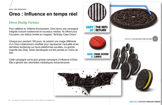 REAL TIME BRANDING


Oreo : Influence en temps réel
Oreo Daily Twists
Pour célébrer le 100ème Anniversaire, Oreo lance une campagne
intégrée incluant traditionnel et nouveaux médias. Ils offrent pour
l‟occasion une édition limitée en magasin “Birthday Cake Oreos”.

Chaque jour pendant 100 jours, ils postent une image différente
d‟un Oreo créativement modifiée pour représenter l‟actualité et les
dernières tendances sur leurs plateformes sociales. La grande
majorité des Daily Twists développés ont été pensés en moins de
24h.

Cette campagne est la plus grosse campagne d‟influence d‟Oreo.
Elle a généré des retombées médiatiques extraordinaires.




72.   Stratégie et créativité Web JIP © 2012 w.illi.am/ Confidentiel
 