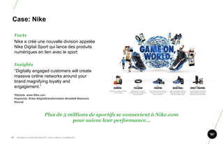 Case: Nike

      Facts
      Nike a créé une nouvelle division appelée
      Nike Digital Sport qui lance des produits
      numériques en lien avec le sport

      Insights
      “Digitally engaged customers will create
      massive online networks around your
      brand magnifying loyalty and
      engagement.”
      Website: www.Nike.com
      Keywords: #nike #digitaltransformation #moble# #sensors
      #social



                                    Plus de 5 millions de sportifs se connectent à Nike.com
                                               pour suivre leur performance…


82.    Stratégie et créativité Web JIP © 2012 w.illi.am/ Confidentiel
 