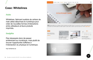 Case: Whitelines

      Faits

      Whitelines, fabricant suédois de cahiers de
      note utilise désormais le numérique pour
      créer de nouvelles formes d‟interactions
      entre utilisateurs et leurs produits
      imprimés.

      Insights

      Pas nécessaire donc de passer
      entièrement au numérique, mais plutôt de
      trouver l‟opportunité d‟affaires à
      l‟intersection du physique et numérique.
      http://whitelines.se




84.     Stratégie et créativité Web JIP © 2012 w.illi.am/ Confidentiel
 
