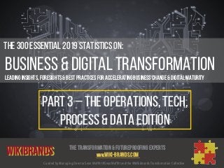 Curated by Managing Director Sean Moffitt @SeanMoffitt and the @Wikibrands Transformation Collective
	
  	
  The 300 Essential 2019 Statistics on:
Business & Digital Transformation
Leading insights, foresights & Best Practices for Accelerating Business Change & Digital Maturity
WIKIBRANDS The Transformation & Futureproofing Experts
www.wiki-brands.com
PART 3 – THE OPERATIONS, TECH,
PROCESS & DATA EDITION
 