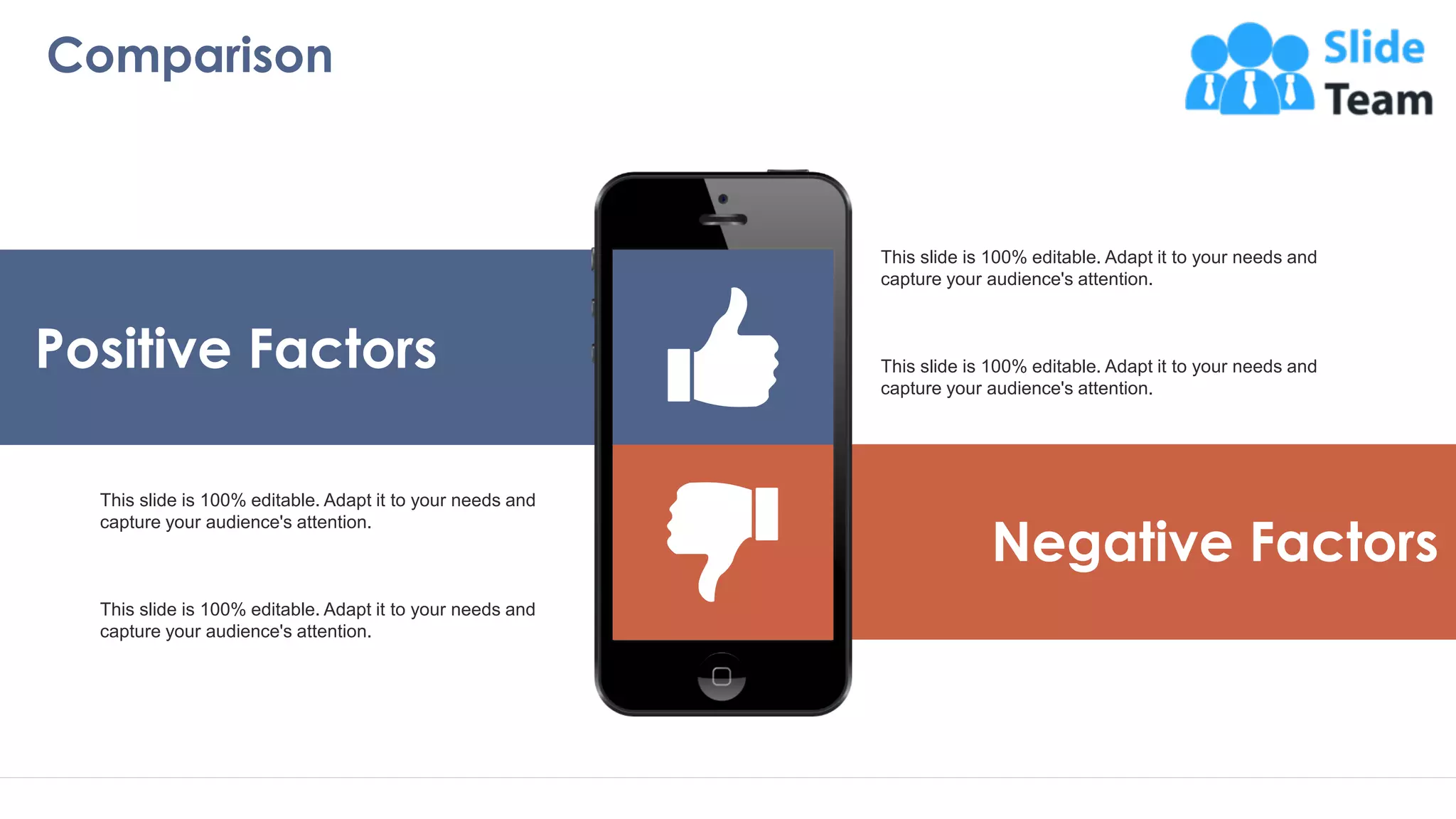 Comparison
19
Positive Factors
Negative Factors
This slide is 100% editable. Adapt it to your needs and
capture your audience's attention.
This slide is 100% editable. Adapt it to your needs and
capture your audience's attention.
This slide is 100% editable. Adapt it to your needs and
capture your audience's attention.
This slide is 100% editable. Adapt it to your needs and
capture your audience's attention.
 