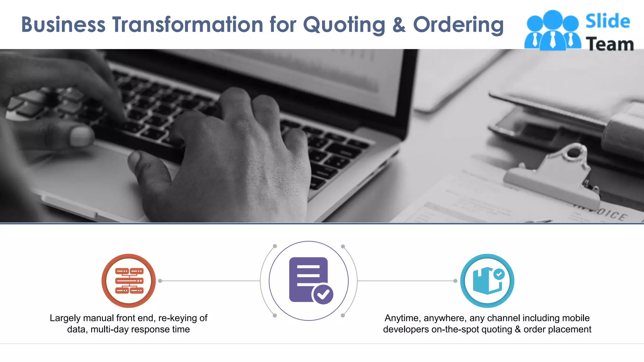 Business Transformation for Quoting & Ordering
3
Largely manual front end, re-keying of
data, multi-day response time
Anytime, anywhere, any channel including mobile
developers on-the-spot quoting & order placement
 