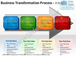 Business Transformation Process - 4 Stages


             1                            2                              3                           4
  •   Your Text Goes here    •       Your Text Goes here    •       Your Text Goes here    •   Your Text Goes here
  •   Download this          •       Download this          •          Handing
                                                                    Download this          •   Download this
      awesome diagram                awesome diagram                awesome diagram
                                                                       Objective               awesome diagram
  •   Bring your             •       Bring your             •       Bring your             •   Bring your
      presentation to life           presentation to life           presentation to life       presentation to life




      Put Text Here                  Your Text Here                  Put Text Here                 Your Text Here
  •   Your Text Goes             •    Your Text Goes            •      Your Text Goes          •    Your Text Goes
      here                            here                             here                         here
  •   Download this              •    Download this             •      Download this           •    Download this
      awesome diagram                 awesome diagram                  awesome diagram              awesome diagram
  •   Bring your                 •    Bring your                •      Bring your              •    Bring your
      presentation to                 presentation to                  presentation to              presentation to
      life                            life                             life                         life
 