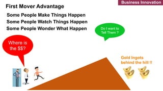First Mover Advantage
Gold Ingots
behind the hill !!
Do I want to
Tell Them ?
Where is
the $$?
Some People Make Things Happen
Some People Watch Things Happen
Some People Wonder What Happen
Business Innovation
 
