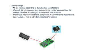 Having all working ICs
Module Design
• All ICs working according to its individual specifications
• When all the components are mounted, it cannot be assumed that the
Module can work according to Module level specifications
• There is an interaction between component ICs to make the module work
as a module… This is a System Integration Function
 
