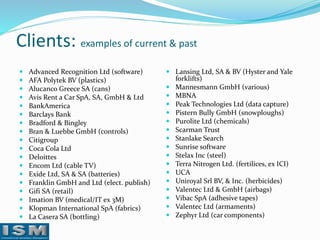 Clients: examples of current & past



















Advanced Recognition Ltd (software)
AFA Polytek BV (plastics)
Alucanco Greece SA (cans)
Avis Rent a Car SpA, SA, GmbH & Ltd
BankAmerica
Barclays Bank
Bradford & Bingley
Bran & Luebbe GmbH (controls)
Citigroup
Coca Cola Ltd
Deloittes
Encom Ltd (cable TV)
Exide Ltd, SA & SA (batteries)
Franklin GmbH and Ltd (elect. publish)
Gifi SA (retail)
Imation BV (medical/IT ex 3M)
Klopman International SpA (fabrics)
La Casera SA (bottling)

 Lansing Ltd, SA & BV (Hyster and Yale
forklifts)
 Mannesmann GmbH (various)
 MBNA
 Peak Technologies Ltd (data capture)
 Pistern Bully GmbH (snowploughs)
 Purolite Ltd (chemicals)
 Scarman Trust
 Stanlake Search
 Sunrise software
 Stelax Inc (steel)
 Terra Nitrogen Ltd. (fertilices, ex ICI)
 UCA
 Uniroyal Srl BV, & Inc. (herbicides)
 Valentec Ltd & GmbH (airbags)
 Vibac SpA (adhesive tapes)
 Valentec Ltd (armaments)
 Zephyr Ltd (car components)

 