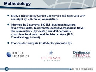 Methodology Study conducted by Oxford Economics and Synovate with oversight by U.S. Travel Association. Informed by 3 surveys: 500 U.S. business travelers (Synovate); 300 U.S. corporate executives/business travel decision makers (Synovate); and 400 corporate executives/business travel decision makers (U.S. Travel/Kellogg School). Econometric analysis (multi-factor productivity). 