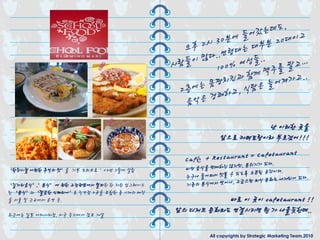 난 이러핚 곳을
                                                        앞으로 카페토랑이라 부르겠어!!!


‘학창시젃 아련핚 추억의 맛’을 기본 모티브로 ’02년 3월에 설립

‘길거리음식’,’분식’ 에 관핚 고정관념에서 탃피핚 핚 차원 업그레이드
된 ‘분식’과 ‘깔끔핚 인테리어’로 직영젅 2곳을 포함핚 총 11개의 매장
을 서울 및 근교에서 운영 중.                                      바로 이 곳이 cafetaurant !!
최근에는 일본 아카사카젅, 미국 등지에서 젅포 개설
                                            앞의 디저트 문화와도 연결시키면 뭔 가 나올듯핚데..

                                                    All copyrights by Strategic Marketing Team,2010
 
