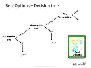 Real Options – Decision tree
                                                                               New
                                                                            Assumption
                                                          Yes
                    Assumption
                       two
                                                          No
             Yes
Assumption
    one
             No                                              STOP



                                                                                          Real
             STOP                                                                        Options




                       Copyright © 2011 SolutionsIQ. All rights reserved.
 