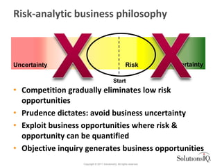 Risk-analytic business philosophy



Uncertainty                                              Risk           Certainty

                                              Start
• Competition gradually eliminates low risk
  opportunities
• Prudence dictates: avoid business uncertainty
• Exploit business opportunities where risk &
  opportunity can be quantified
• Objective inquiry generates business opportunities
                   Copyright © 2011 SolutionsIQ. All rights reserved.
 