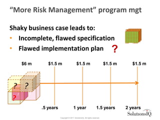 “More Risk Management” program mgt

Shaky business case leads to:
• Incomplete, flawed specification
• Flawed implementation plan ?

    $6 m      $1.5 m                      $1.5 m                           $1.5 m      $1.5 m



       I
? ?
?
  I I
?
           .5 years                   1 year                       1.5 years        2 years

                      Copyright © 2011 SolutionsIQ. All rights reserved.
 