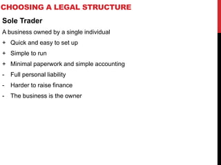 CHOOSING A LEGAL STRUCTURE
Sole Trader
A business owned by a single individual
+ Quick and easy to set up
+ Simple to run
+ Minimal paperwork and simple accounting
- Full personal liability
- Harder to raise finance
- The business is the owner
 