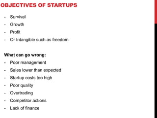 OBJECTIVES OF STARTUPS
- Survival
- Growth
- Profit
- Or Intangible such as freedom
What can go wrong:
- Poor management
- Sales lower than expected
- Startup costs too high
- Poor quality
- Overtrading
- Competitor actions
- Lack of finance
 