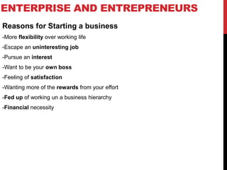 ENTERPRISE AND ENTREPRENEURS
Reasons for Starting a business
-More flexibility over working life
-Escape an uninteresting job
-Pursue an interest
-Want to be your own boss
-Feeling of satisfaction
-Wanting more of the rewards from your effort
-Fed up of working un a business hierarchy
-Financial necessity
 