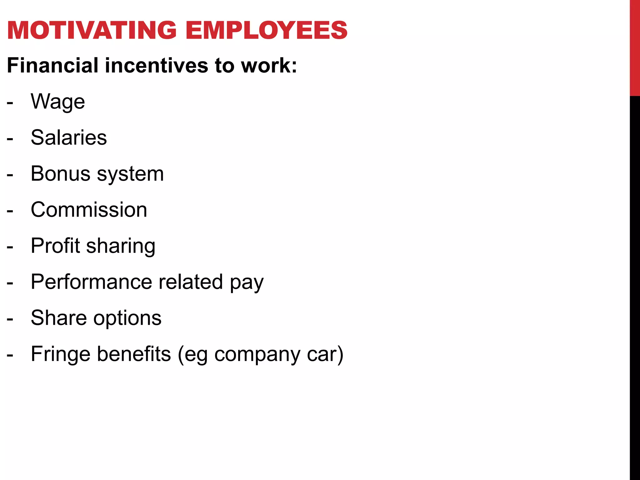 MOTIVATING EMPLOYEES
Financial incentives to work:
- Wage
- Salaries
- Bonus system
- Commission
- Profit sharing
- Performance related pay
- Share options
- Fringe benefits (eg company car)
 