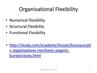 Organisational Flexibility
• Numerical Flexibility
• Structural Flexibility
• Functional Flexibility
• http://study.com/academy/lesson/bureaucrati
c-organizations-mechanic-organic-
bureacracies.html
By: Oguchi Martins Egbujor 55
 