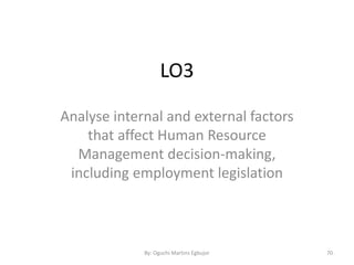 LO3
Analyse internal and external factors
that affect Human Resource
Management decision-making,
including employment legislation
By: Oguchi Martins Egbujor 70
 
