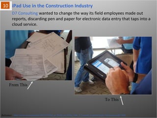 iPad Use in the Construction Industry
Reference: http://www.cio.com/article/601227/iPad_at_Work_on_Dirty_Jobs_5_Lessons_Learned?page=1&taxonomyId=3006
D7 Consulting wanted to change the way its field employees made out reports,
discarding pen and paper for electronic data entry that taps into a cloud service.
From This
To This
 