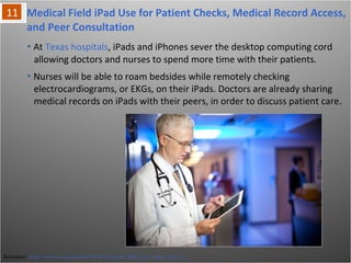 Reference: http://www.cio.com/article/683481/Can_the_iPad_Cure_What_Ails_Us_
• Nurses will be able to roam bedsides while remotely checking
electrocardiograms, or EKGs, on their iPads. Doctors are already sharing
medical records on iPads with their peers, in order to discuss patient care.
• At Texas hospitals, iPads and iPhones sever the desktop computing cord
allowing doctors and nurses to spend more time with their patients.
Medical Field iPad Use for Patient Checks, Medical Record Access, and
Peer Consultation
 