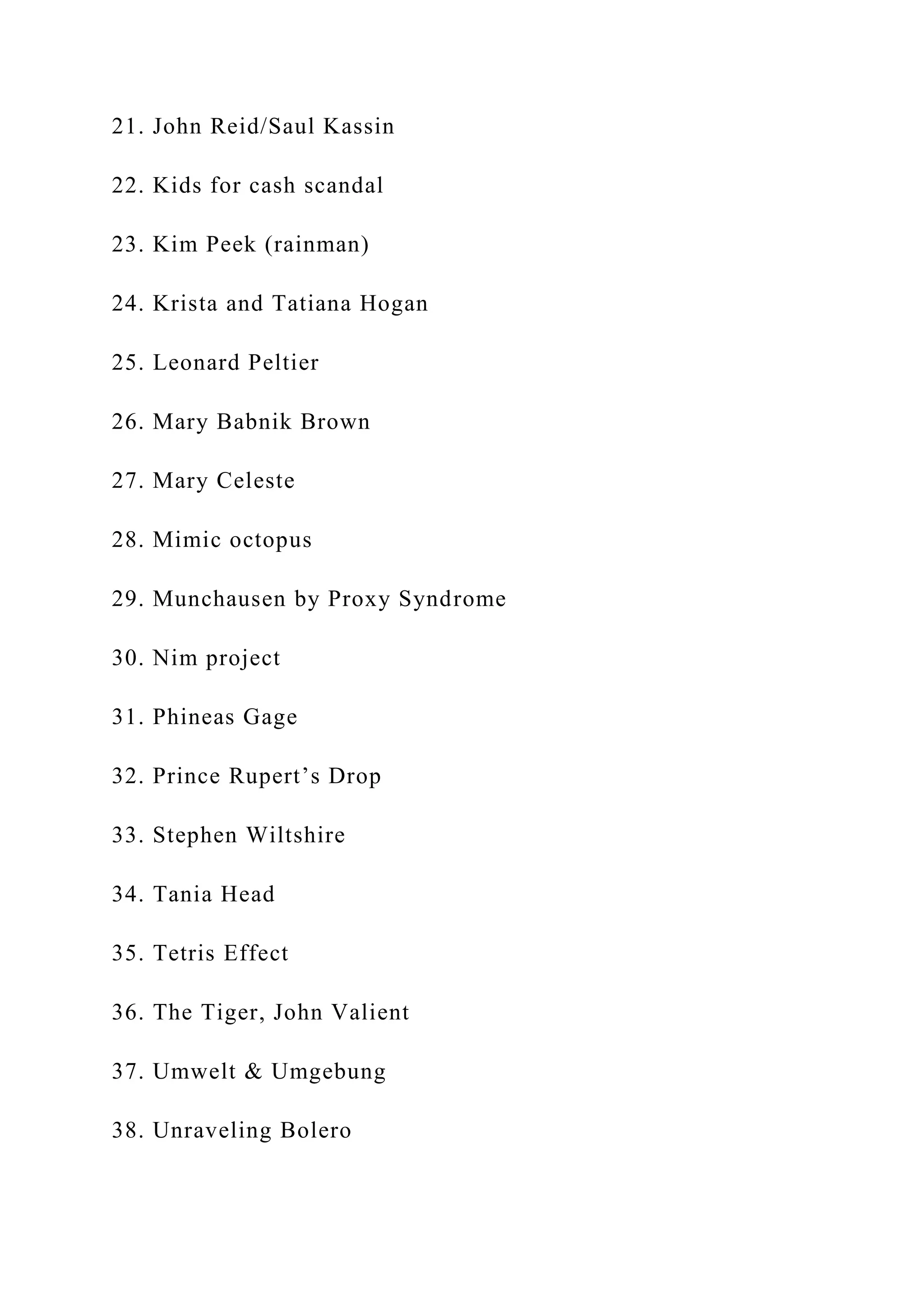 21. John Reid/Saul Kassin
22. Kids for cash scandal
23. Kim Peek (rainman)
24. Krista and Tatiana Hogan
25. Leonard Peltier
26. Mary Babnik Brown
27. Mary Celeste
28. Mimic octopus
29. Munchausen by Proxy Syndrome
30. Nim project
31. Phineas Gage
32. Prince Rupert’s Drop
33. Stephen Wiltshire
34. Tania Head
35. Tetris Effect
36. The Tiger, John Valient
37. Umwelt & Umgebung
38. Unraveling Bolero
 