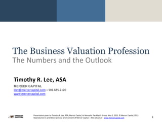 The Business Valuation Profession
The Numbers and the Outlook

Timothy R. Lee, ASA
MERCER CAPITAL
leet@mercercapital.com » 901.685.2120
www.mercercapital.com




             Presentation given by Timothy R. Lee, ASA, Mercer Capital, to Memphis Tax Watch Group. May 2, 2012. © Mercer Capital, 2012.
             Reproduction is prohibited without prior consent of Mercer Capital. | 901.685.2120 | www.mercercapital.com                    1
 