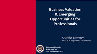 Business Valuation
& Emerging
Opportunities for
Professionals
Chander Sawhney
FCA, ACS, Registered Valuer (IBBI)
Gurgaon Branch
NIRC of ICAI
11th November 2017
 