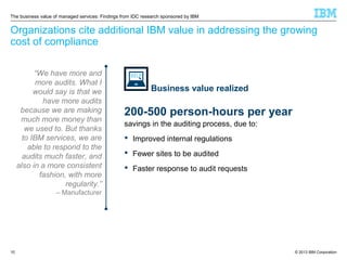 The business value of managed services: Findings from IDC research sponsored by IBM

Organizations cite additional IBM value in addressing the growing
cost of compliance
“We have more and
more audits. What I
would say is that we
have more audits
because we are making
much more money than
we used to. But thanks
to IBM services, we are
able to respond to the
audits much faster, and
also in a more consistent
fashion, with more
regularity.”

Business value realized

200-500 person-hours per year
savings in the auditing process, due to:
 Improved internal regulations
 Fewer sites to be audited
 Faster response to audit requests

– Manufacturer

10

© 2013 IBM Corporation

 