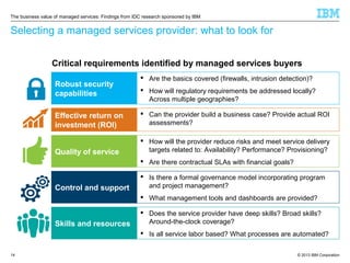 The business value of managed services: Findings from IDC research sponsored by IBM

Selecting a managed services provider: what to look for
Critical requirements identified by managed services buyers
Robust security
capabilities

 Are the basics covered (firewalls, intrusion detection)?
 How will regulatory requirements be addressed locally?
Across multiple geographies?

Effective return on
investment (ROI)

 Can the provider build a business case? Provide actual ROI
assessments?

Quality of service

 How will the provider reduce risks and meet service delivery
targets related to: Availability? Performance? Provisioning?
 Are there contractual SLAs with financial goals?

Control and support

 Is there a formal governance model incorporating program
and project management?
 What management tools and dashboards are provided?

Skills and resources

 Does the service provider have deep skills? Broad skills?
Around-the-clock coverage?
 Is all service labor based? What processes are automated?

14

© 2013 IBM Corporation

 