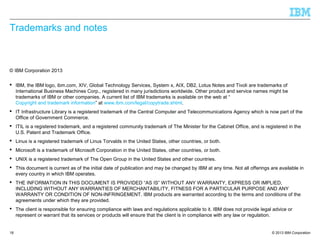 Trademarks and notes

© IBM Corporation 2013
 IBM, the IBM logo, ibm.com, XIV, Global Technology Services, System x, AIX, DB2, Lotus Notes and Tivoli are trademarks of
International Business Machines Corp., registered in many jurisdictions worldwide. Other product and service names might be
trademarks of IBM or other companies. A current list of IBM trademarks is available on the web at “
Copyright and trademark information” at www.ibm.com/legal/copytrade.shtml.
 IT Infrastructure Library is a registered trademark of the Central Computer and Telecommunications Agency which is now part of the
Office of Government Commerce.
 ITIL is a registered trademark, and a registered community trademark of The Minister for the Cabinet Office, and is registered in the
U.S. Patent and Trademark Office.
 Linux is a registered trademark of Linus Torvalds in the United States, other countries, or both.
 Microsoft is a trademark of Microsoft Corporation in the United States, other countries, or both.
 UNIX is a registered trademark of The Open Group in the United States and other countries.
 This document is current as of the initial date of publication and may be changed by IBM at any time. Not all offerings are available in
every country in which IBM operates.
 THE INFORMATION IN THIS DOCUMENT IS PROVIDED “AS IS” WITHOUT ANY WARRANTY, EXPRESS OR IMPLIED,
INCLUDING WITHOUT ANY WARRANTIES OF MERCHANTABILITY, FITNESS FOR A PARTICULAR PURPOSE AND ANY
WARRANTY OR CONDITION OF NON-INFRINGEMENT. IBM products are warranted according to the terms and conditions of the
agreements under which they are provided.
 The client is responsible for ensuring compliance with laws and regulations applicable to it. IBM does not provide legal advice or
represent or warrant that its services or products will ensure that the client is in compliance with any law or regulation.

18

© 2013 IBM Corporation

 