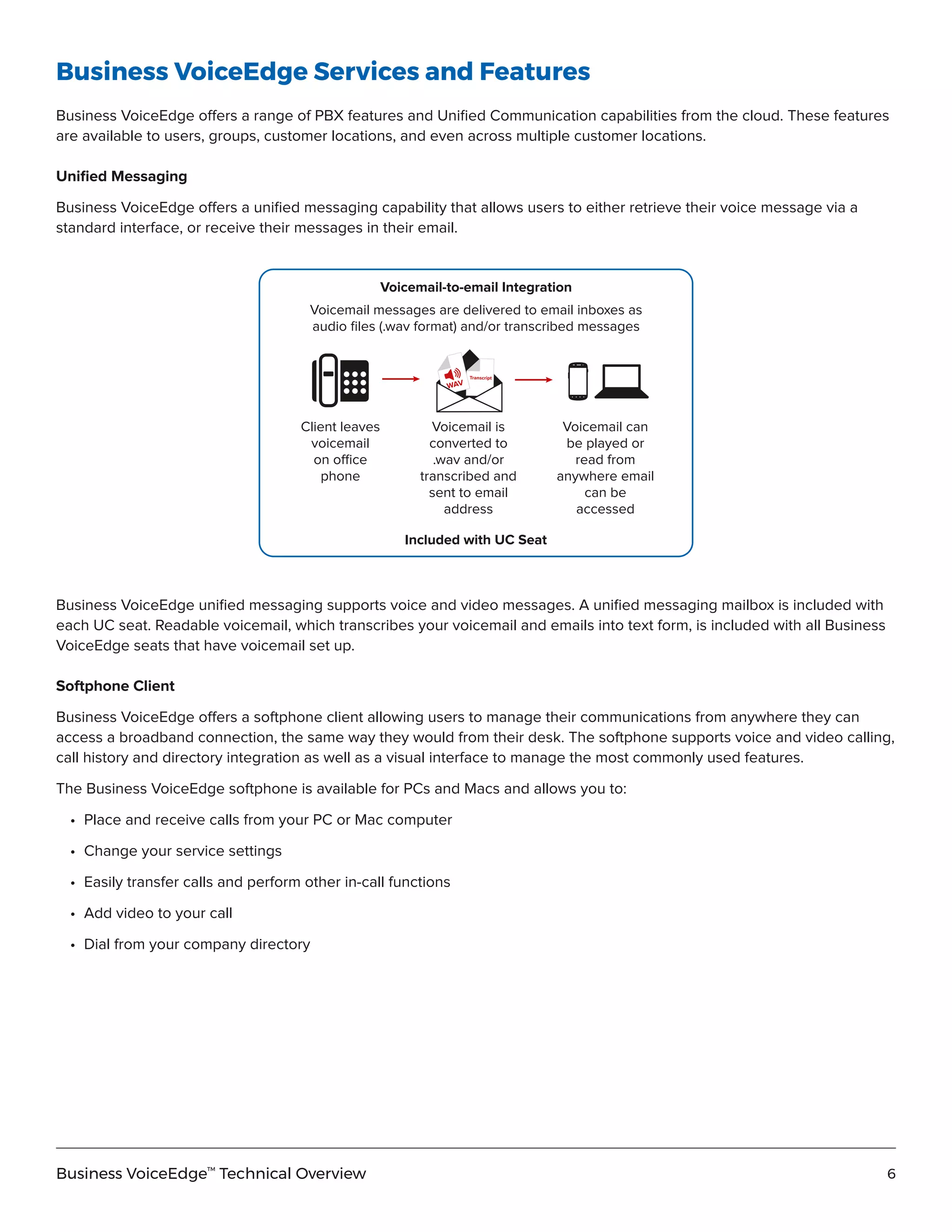 6Business VoiceEdge™
Technical Overview
Business VoiceEdge Services and Features
Business VoiceEdge offers a range of PBX features and Unified Communication capabilities from the cloud. These features
are available to users, groups, customer locations, and even across multiple customer locations.
Unified Messaging
Business VoiceEdge offers a unified messaging capability that allows users to either retrieve their voice message via a
standard interface, or receive their messages in their email.
Voicemail-to-email Integration
Voicemail messages are delivered to email inboxes as
audio ﬁles (.wav format) and/or transcribed messages
Included with UC Seat
Client leaves
voicemail
on office
phone
Voicemail is
converted to
.wav and/or
transcribed and
sent to email
address
Voicemail can
be played or
read from
anywhere email
can be
accessed
Business VoiceEdge unified messaging supports voice and video messages. A unified messaging mailbox is included with
each UC seat. Readable voicemail, which transcribes your voicemail and emails into text form, is included with all Business
VoiceEdge seats that have voicemail set up.
Softphone Client
Business VoiceEdge offers a softphone client allowing users to manage their communications from anywhere they can
access a broadband connection, the same way they would from their desk. The softphone supports voice and video calling,
call history and directory integration as well as a visual interface to manage the most commonly used features.
The Business VoiceEdge softphone is available for PCs and Macs and allows you to:
	 •	 Place and receive calls from your PC or Mac computer
	 •	 Change your service settings
	 •	 Easily transfer calls and perform other in-call functions
	 •	 Add video to your call
	 •	 Dial from your company directory
 