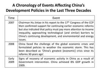 A Chronology of Events Affecting China’s
Development Policies in the Last Three Decades
Time Event
2007 Chairman Hu Jintao in his report to the 17th Congress of the CCP
then confirmed support for continuing earlier economic reforms
but also indicated that policy must pay more attention to income
inequality, approaching technological (and similar) barriers to
China’s continuing development, and environmental and energy
issues.
2008 China faced the challenge of the global economic crises and
formulated policies to weather the economic storm. This has
been described as ‘China’s greatest [economic] crisis since its
reforms 30 years ago’.
Early
2009
Signs of recovery of economic activity in China as a result of
Government intervention. China achieved 8% GDP growth in
2009.
 