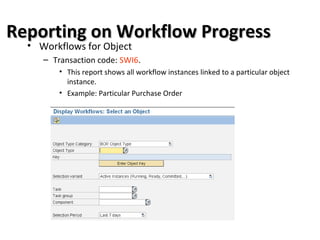 Reporting on Workflow ProgressReporting on Workflow Progress
• Workflows for Object
– Transaction code: SWI6.
• This report shows all workflow instances linked to a particular object
instance.
• Example: Particular Purchase Order
 