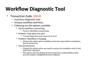 Workflow Diagnostic ToolWorkflow Diagnostic Tool
• Transaction Code: SWUD
– A primary diagnostic tool.
– Analyze workflow definition.
– Following are the options available:
• Verify workflow customizing
– Perform Workflow Customizing
• Problem: Task does not start
– To track down the exact cause of an error
• Problem: Workflow is hanging
– Choose this option when workflow starts but stops before completion,
due to some error.
• Test Environment
– Choose this option when you want to access the complete suite of test
tools from one place.
– This option will also display all the components (subworkflow, tasks,
business objects, delegated business objects)
 